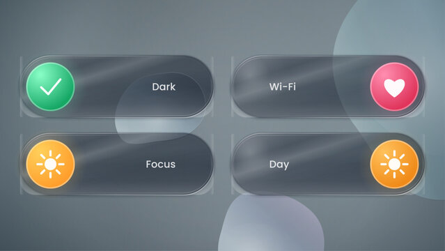 Abstract grey glassmorphism toggle switch glass set. Frosted glass switches with round icons. Refined design for web design, app design, presentation and website.