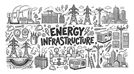 Fototapeta premium Energy Infrastructure Hand Drawn Doodle Illustration
