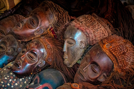 Ancient Chokwe tribal masks with fiber hair, Luanda, Angola