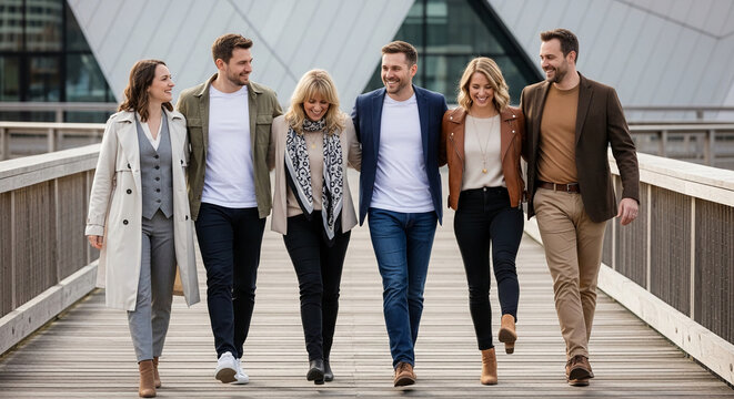 Group of stylish people walking together on a wooden boardwalk, symbolizing connection, friendship, and modern urban lifestyle