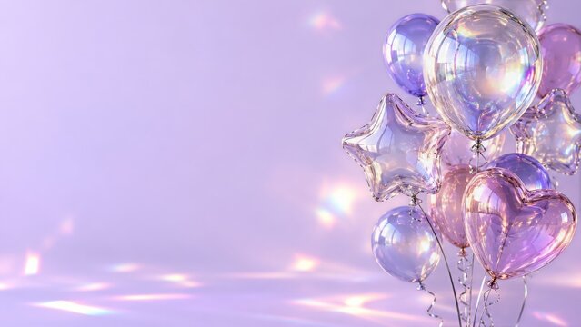 Translucent glass balloons with iridescent highlights on a lilac backdrop