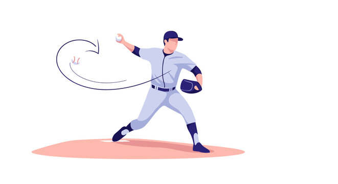 Competitive Baseball Pitcher Throwing Ball Flat Vector Illustration. Sports athlete in action on mound, minimal design isolated on white background graphics.