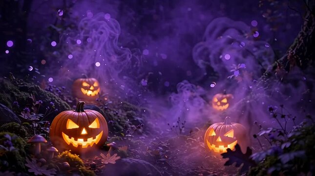 Purple Halloween background with glowing pumpkins and magical mist