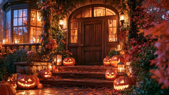 Porch steps have carved pumpkins and glowing lanterns for Halloween decoration