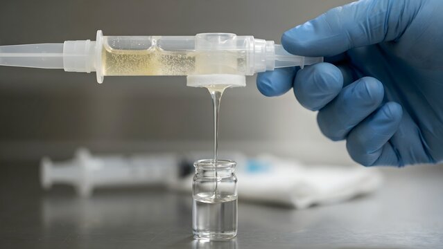 Medical Professional Filling Clear Liquid into Small Glass Vial with Syringe