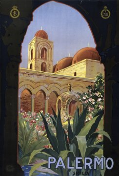 Advertising poster, ca 1920, showing a garden courtyard with arcade and tower, San Giovanni degli Eremiti is a Norman church building in Palermo, Sicily, Italy, Historical, digitally restored reproduction from a 19th century original