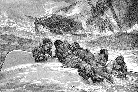 Castaways save themselves from a capsized boat into the sea, Historical, digitally restored reproduction of a 19th century original, exact date unknown