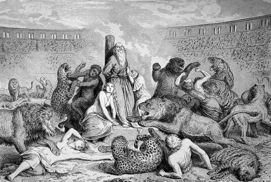Persecution of Christians, anti-Christian politics in the Roman Empire, Christians as victims of predators in the circus of Rome, the history of ancient Rome, Roman Empire, Italy, digitally restored reproduction from a 19th century original