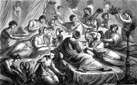 The Banquet of a Noble Roman in Ancient Rome, History of Ancient Rome, Roman Empire, Italy, Historical, Digitally restored reproduction of a 19th century original