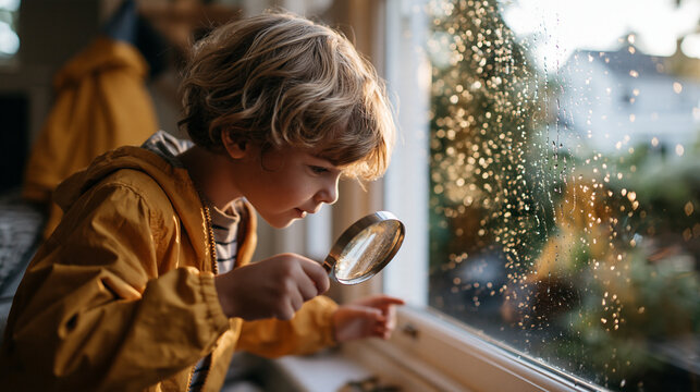 Seven-year-old child examining raindrops