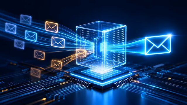 Advanced digital email server and data processing unit on high-tech circuit board with glowing neon envelope icons for global communication, cybersecurity, and information exchange concept.