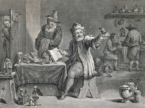 Medicine, Anatomy, Surgery, A doctor in his practice and workshop examining a urine bottle and referring to a book, c. 1700, Historic, digitally restored reproduction from a 19th century original