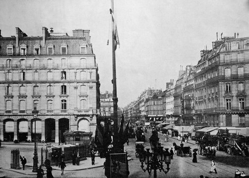 One of the first autotypes of the Rue Saint-Lazare in Paris, France, 1884, Historic, digitally restored reproduction of an original 19th century original