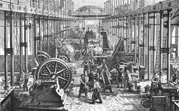 Workers in the machine room of the Saxon machine factory, one of the most important mechanical engineering companies in Saxony in the second half of the 19th century, Chemnitz, Saxony, Germany, Historic, digitally restored reproduction from a 19th century original