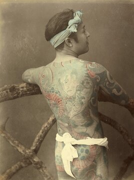 Japanese man with a tattoo on his back, Tattoo, c. 1880, Japan, Historical, digitally restored reproduction from an original of the period