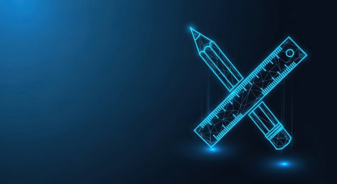 Glowing neon pencil and ruler intersecting on a dark blue digital background, symbolizing design and creation