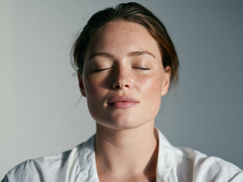 Young woman with freckles closing her eyes in calm meditation