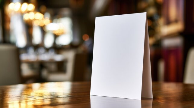 A blank white table tent stands prominently on a polished wooden table in a dimly lit restaurant, perfect for menu displays or promotional messages.