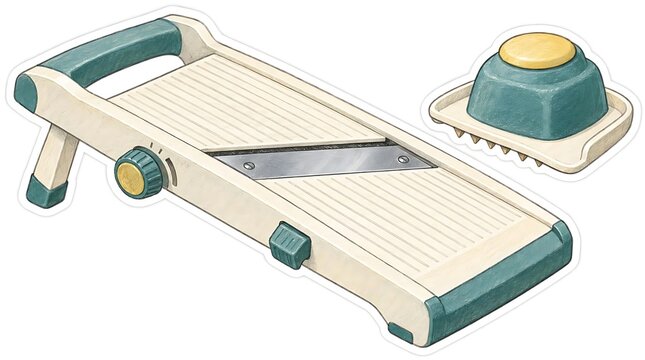 Mandoline slicer frame tilts clockwise with centered blade slot. Food kitchenware concept