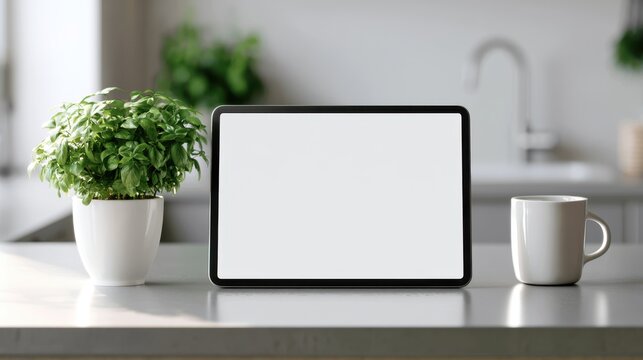 Black digital tablet with a blank screen, a plant, and a coffee mug on a kitchen counter. Great for smart home mockups or recipe app displays.