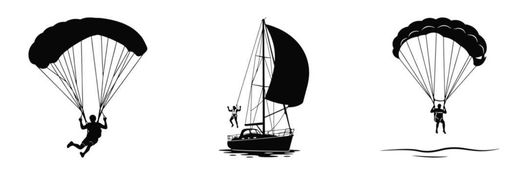 Parachuting and sailing silhouette set, person paragliding in sky, person jumping from sailboat yacht into water, parachutist descending over water vector collection