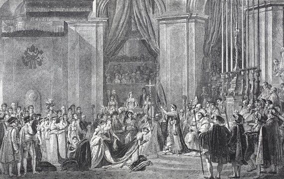 The Coronation of Napoleon and Josephine at Notre Dame in Paris on 2 December 1804, France, Napoleon Bonaparte, as Emperor Napoleon I. Historic, digitally restored reproduction of an original 19th century artwork, exact original date unknown