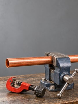 Copper Pipe Clamped in a Blue Bench Vise with a Red Pipe Cutter
