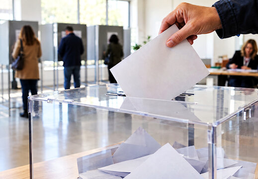 Elecciones votar en urna, votantes con papeleta en comicios, mesa electoral votando y sobre de partido pol&iacute;tico voto diputado y esca&ntilde;o presidente, municipales y europeas y pucherazo o transparencia