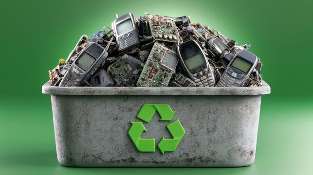 Old cell phones and circuit boards fill a gray recycling bin, highlighting electronic waste. Represents sustainable recycling and technology obsolescence.