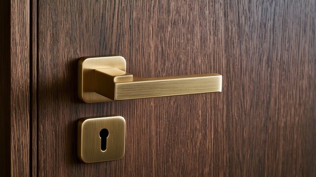 A sleek brass door handle and keyhole on a dark wooden door with modern design. Ideal for home decor, security, or luxury interior concepts.