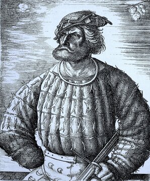 Florian Vulture von Giebelstadt, born around 1490, died 10 June 1525, was a Franconian imperial knight, troop leader in the service of Margrave Albrecht of Brandenburg-Ansbach and diplomat. He took over the leadership of the Black Troop in the Peasants' War of 1525. Historical, digitally restored reproduction from a 19th century original