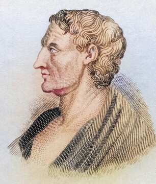 Aristotle (born 384 BC in Stageira, died 322 BC in Chalkis on Euboea) was a Greek polymath. He is one of the most famous and influential philosophers and naturalists in history, from the book Crabbes Historical Dictionary, 1825, Historical, coloured, digitally restored reproduction from a 19th century original, Record date not stated