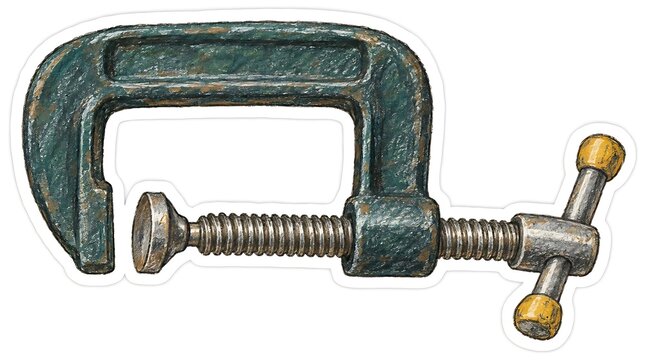 C shaped clamp frame extends screw mechanism toward lower right. Woodworking tool concept