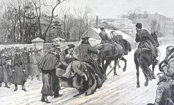 After the assassination, the police chief Colonel Dvoretsky transferred the wounded Tsar to the Winter Palace in Russia, Alexander II of Russia, Historic, digital reproduction of an original 19th century master, original date not known