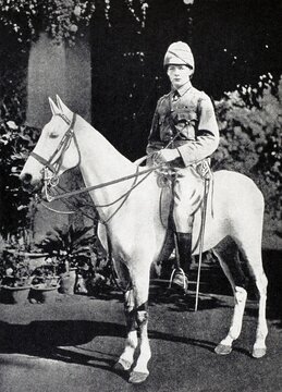Winston S. Churchill 1874 to 1965 on horseback in Bangalore India in 1897 from A Roving Commission by Winston S. Churchill published by Scribners 1930, Winston S. Churchill published by Scribners 1930, Historic, digitally restored reproduction from a 19th century original, Record date not stated