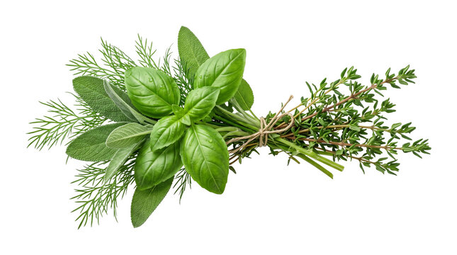 Fresh herb bundle tied with string featuring basil sage and dill isolated on transparent background png.