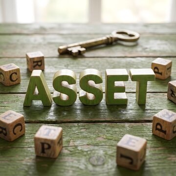 Asset Protection Concept with Green 3D Wooden Cutout Letters Spelling ASSET, Vintage Key and Wooden Dice on Rustic Table with Soft Window Light