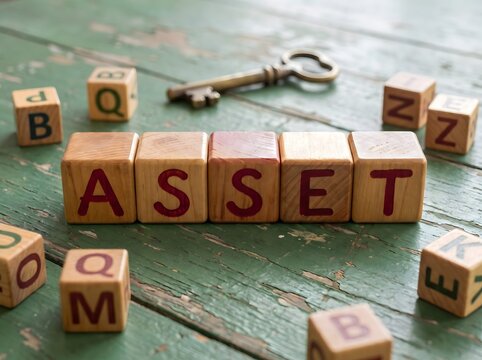 Asset Management and Wealth Protection Concept with Wooden Letter Dice Blocks Spelling ASSET and Vintage Key Vertical Orientation with Copy Space