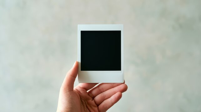 A hand holds up a blank instant photo print with a dark square, ready for custom content. This image evokes nostalgia and a placeholder for memories.