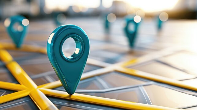 A prominent teal 3D location pin on a blurred city map with yellow lines and city lights. Ideal for GPS navigation, travel, business, or destination search concepts.
