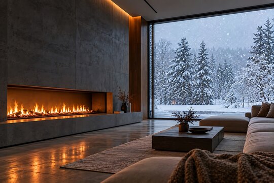 Minimalist Linear Fireplace on Concrete Wall with Snow View