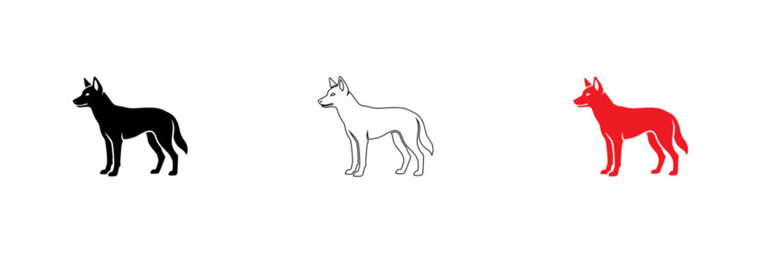 Three stylized wolf dogs in different colors