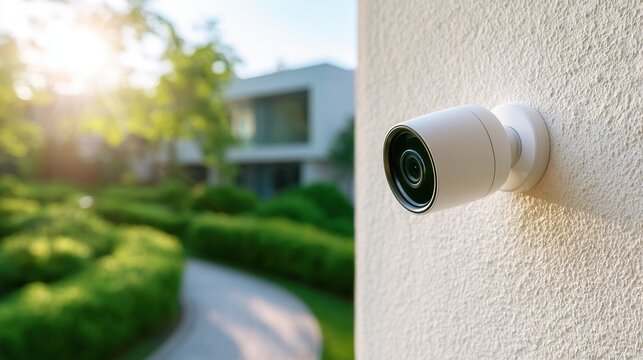 A modern white CCTV security camera is mounted on an outdoor wall of a contemporary home. This represents home safety and smart surveillance technology.