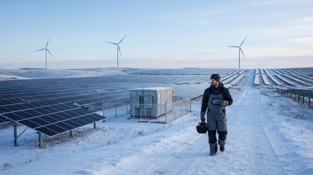 A person in winter gear walks on a snowy path among rows of solar panels. Wind turbines rise in the distance against a clear blue sky, showcasing renewable energy in a serene winter landscape.