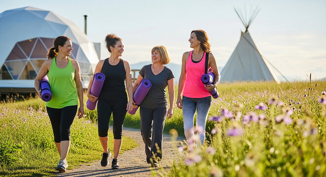 Four women walking on a path carrying yoga mats, symbolizing wellness, friendship, and outdoor activity with geodesic dome and teepee in background