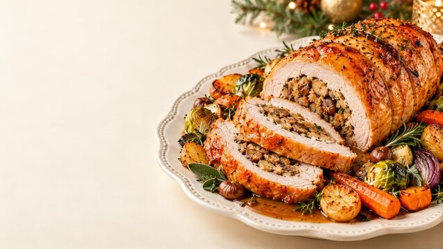 Rolled roast turkey with chestnut stuffing and vegetables on cream