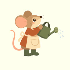 Cute Mouse Gardener with Watering Can Isolated on White Background © Victoria