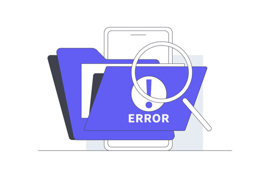 Troubleshooting Memory Issue and Mobile Storage File System Audit. Smartphone Screen Displaying Error Folder File Inspection with Magnifying Glass. Flat Cartoon Vector Illustration, icon Stylish web
