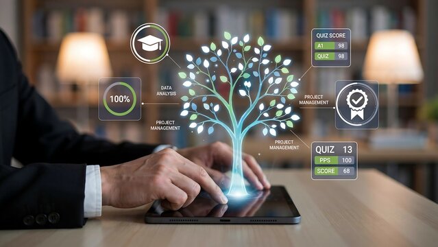 Business professional interacting with digital education tree on tablet with glowing interface and infographics in office setting