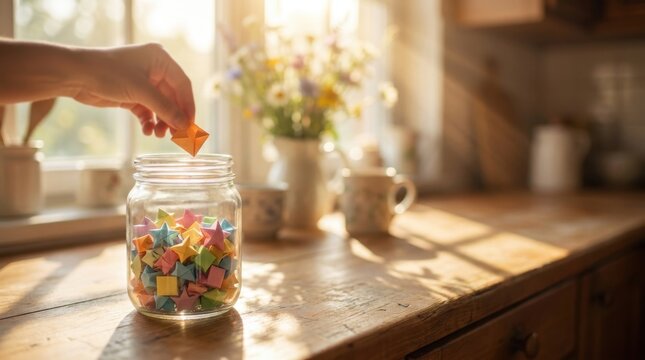 Hand Placing Colorful Folded Paper Star into Glass Memory Jar